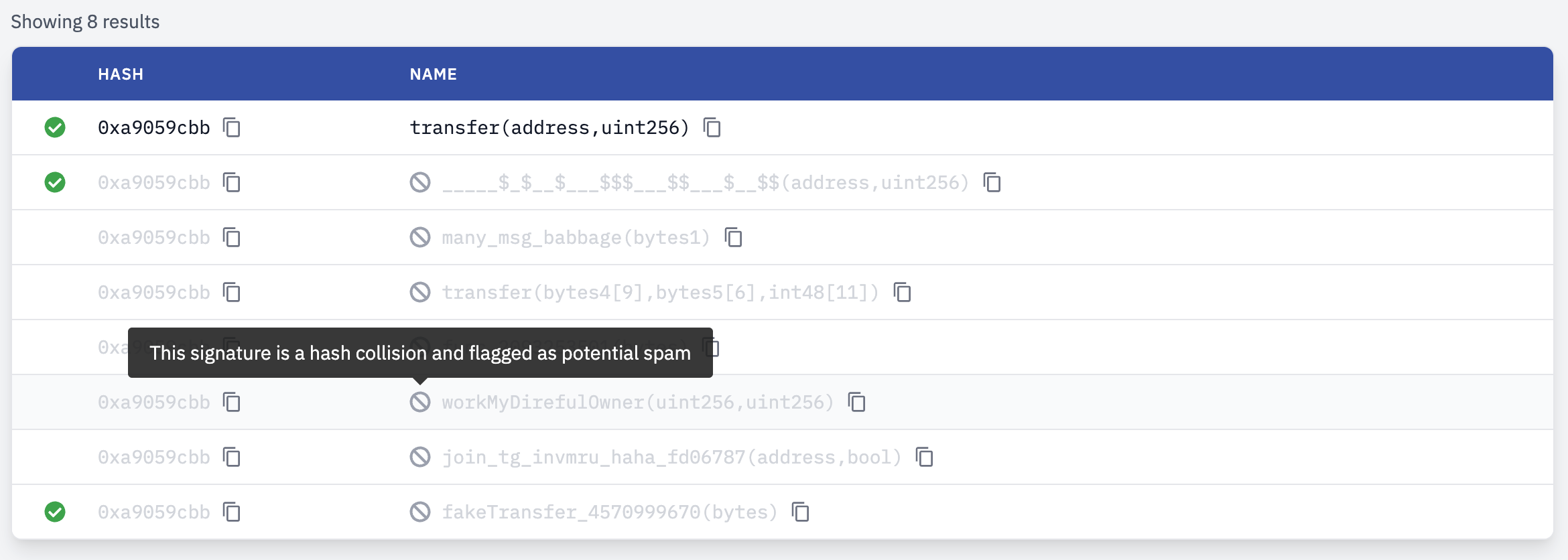 4byte.sourcify.dev transfer(address,uint256) collisions